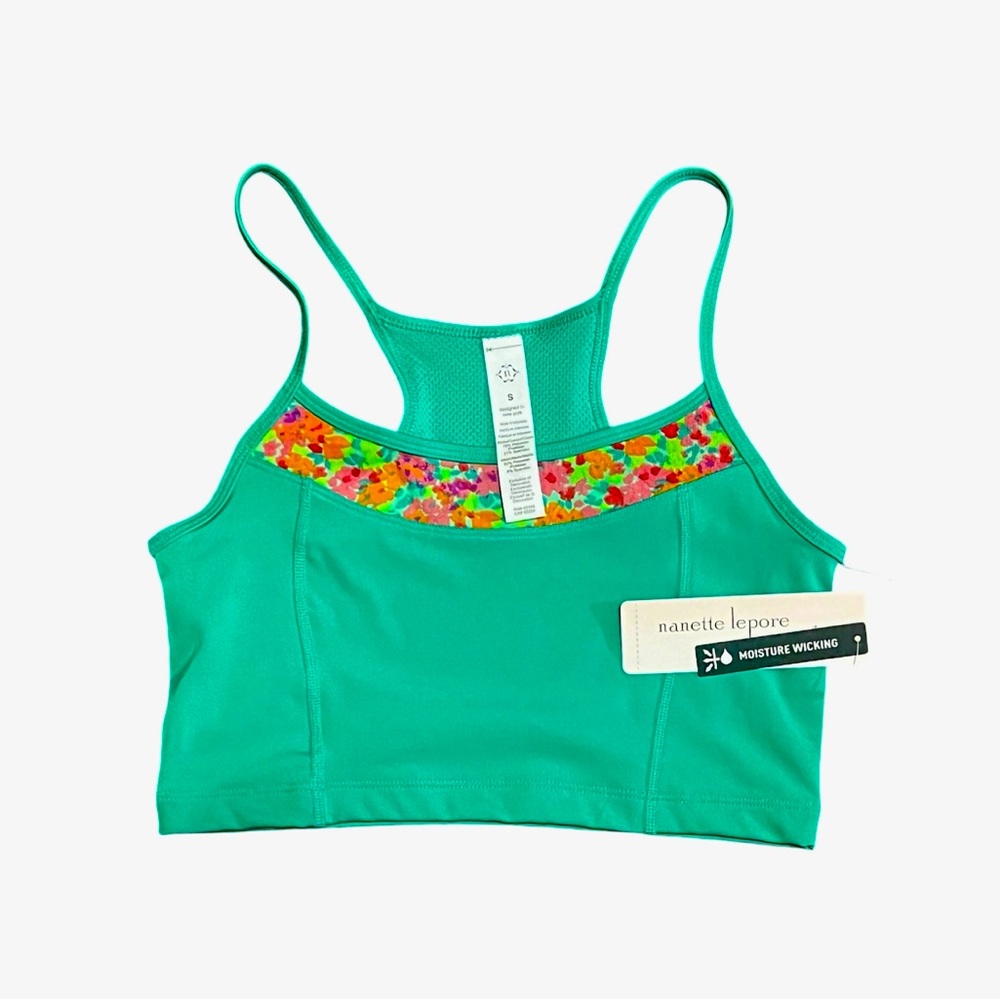 NWT Nanette Lepore Play Sports Bra-Tank top Green Floral Trim Athletic S…